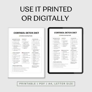 May include: A printable checklist for a cortisol detox diet. The checklist is divided into categories such as Antioxidants, Healthy Fats, Protein Rich Foods, Complex Carbohydrates, Magnesium Rich Foods, Herbs & Adaptogens, Hydration & Supportive Drinks. The checklist is titled "Cortisol Detox Diet" and is available in PDF format.