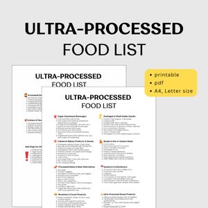 以下が含まれることがあります： 白地に黒文字で印刷可能なPDF形式の超加工食品リスト。リストは、砂糖入り飲料、包装済みスナック、すぐに食べられる食事などのカテゴリに分類されています。ドキュメントはA4/レターサイズです。