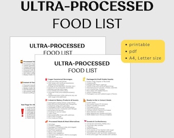 May include: A printable, PDF ultra-processed food list in black text on a white background. The list is categorized into sections such as sugar-sweetened beverages, packaged snacks, and ready-to-eat meals. The document is A4/Letter size.