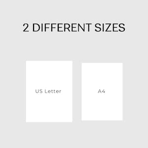 Pode incluir: Imagem mostrando duas folhas de papel retangulares brancas, rotuladas como "US Letter" e "A4" em um fundo cinza claro. O texto "2 DIFFERENT SIZES" est&aacute; em preto no topo.