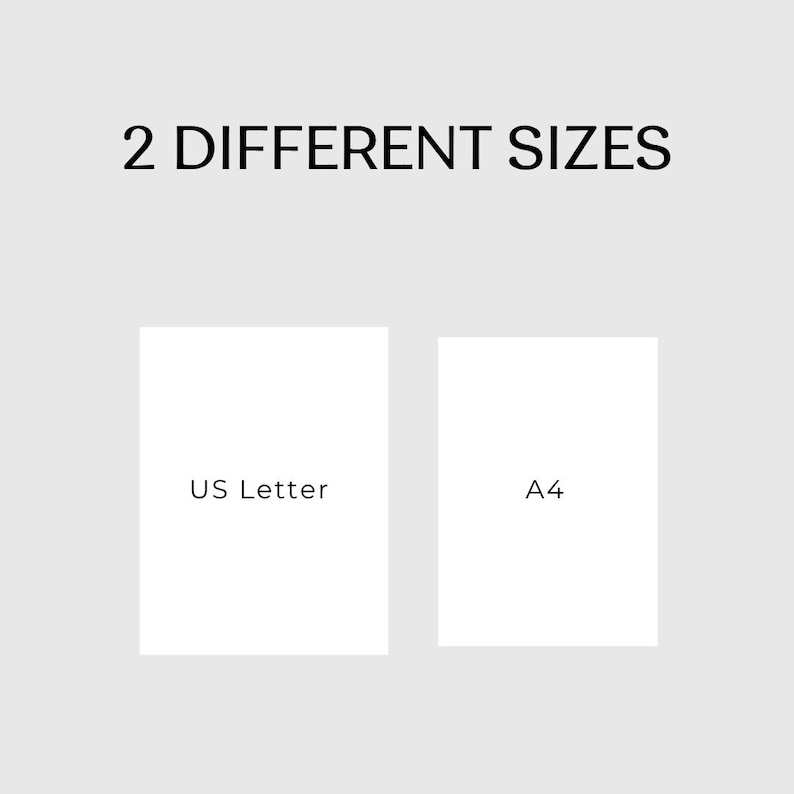 Pode incluir: Imagem mostrando duas folhas de papel retangulares brancas, rotuladas como "US Letter" e "A4" em um fundo cinza claro. O texto "2 DIFFERENT SIZES" est&aacute; em preto no topo.