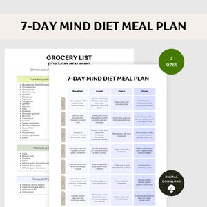 MIND Diet 7-Day Meal Plan & Grocery List PDF | Alzheimer’s and Brain Health Diet, Dementia Prevention | Cognitive Boost Foods