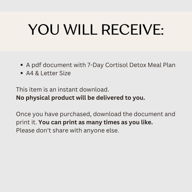 Pode incluir: Um gr&aacute;fico de download digital com o texto "YOU WILL RECEIVE:" seguido de marcadores listando um plano de refei&ccedil;&otilde;es de desintoxica&ccedil;&atilde;o de cortisol de 7 dias em formato PDF, tamanho A4 e Carta. O texto tamb&eacute;m afirma que &eacute; um download instant&acirc;neo.