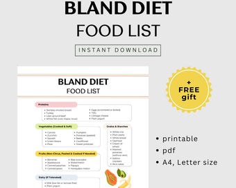 May include: A printable Bland Diet Food List with a list of foods categorized by protein, vegetables, fruits, dairy, grains & starches, condiments & fats, and beverages. The list includes foods like skinless chicken breast, turkey, lean ground beef, white fish, eggs, tofu, cottage cheese, plain yogurt, carrots, zucchini, squash, green beans, peas, cauliflower, sweet potatoes, bananas, applesauce, canned peaches, canned pears, ripe avocados, watermelon, papaya, honeydew melon, milk, plain yogurt, soft cheese, butter, kefir, olive oil, coconut oil, white rice, plain pasta, white bread, oatmeal, cream of wheat, mashed potatoes, saltine crackers, rice cakes, water, herbal teas, chamomile, and peppermint. The document is labeled "Bland Diet Food List" and "Instant Download".