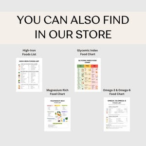 May include: Four printable food charts with lists of high-iron foods, foods with a low, medium, and high glycemic index, magnesium-rich foods, and omega-3 and omega-6 rich foods.