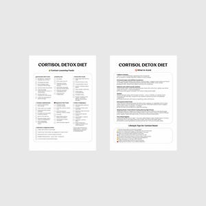 May include: A printable guide to a cortisol detox diet. The left side of the page lists foods to eat, while the right side lists foods to avoid and lifestyle tips for cortisol reset. The title of the guide is "Cortisol Detox Diet".