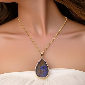 Boho Labradorite Pendant Necklace | Tear Drop Gemstone Jewelry | Gold Toggle Chain | Healing Crystal | Anniversary Gift
