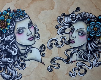 Original Tattoo Flash Painting - S-Cut Girls