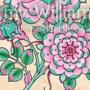 Teal and Pink Geometric Tudor Rose Tattoo Art A3 Print