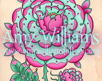 Pink and Teal Geometric Tudor Rose Tattoo Art A3 Print