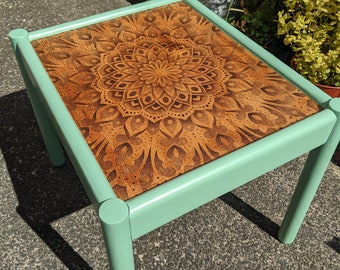 Upcycled woodburned pyrography dotwork mandala coffee table in Wanderlust pastel teal green