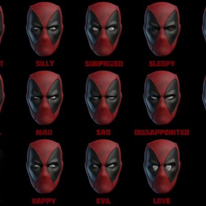 May include: A grid of fourteen red and black Deadpool masks displaying various facial expressions. Each mask is labeled with text underneath including Suspect, Silly, Surprized, Sleepy, Shocked, Normal, Mad, Sad, Dissappointed, Dizzy, Happy, Evil, and Love.