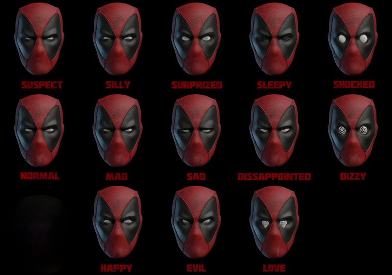 May include: A grid of fourteen red and black Deadpool masks displaying various facial expressions. Each mask is labeled with text underneath including Suspect, Silly, Surprized, Sleepy, Shocked, Normal, Mad, Sad, Dissappointed, Dizzy, Happy, Evil, and Love.