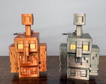3D Printed Blocky Golem Keychain - Copper/Bronze Finish