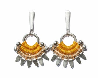 CONCEPCIÓN Handmade Mustard Yellow Rayon Earrings, Silver Petal Accents