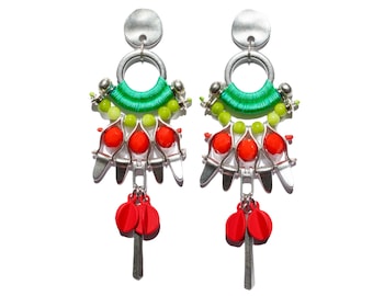 GORGONA colorful statement earrings, green and orange beaded earrings