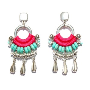 CACHIPAY fuchsia and turquoise statement earrings