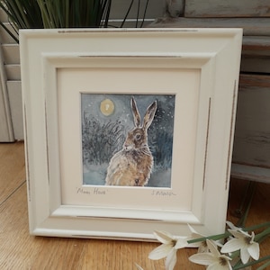 HARE, Moon Hare, Hares, Watercolour painting 5in Square, Framed, Gift, Birthday present Keepsake, Art,