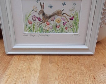 Hare & Tulips Watercolour painting, Wild Hare Framed by Artist Sandra Mason, Gift, Present, Art, Keepsake