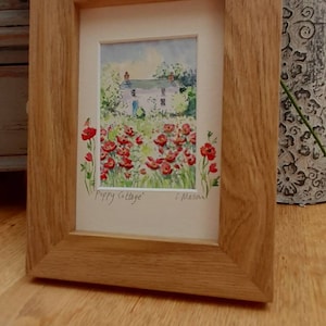 Poppy Cottage Watercolour painting 6in  x 4in Framed, Gift, Birthday present Keepsake, Art,