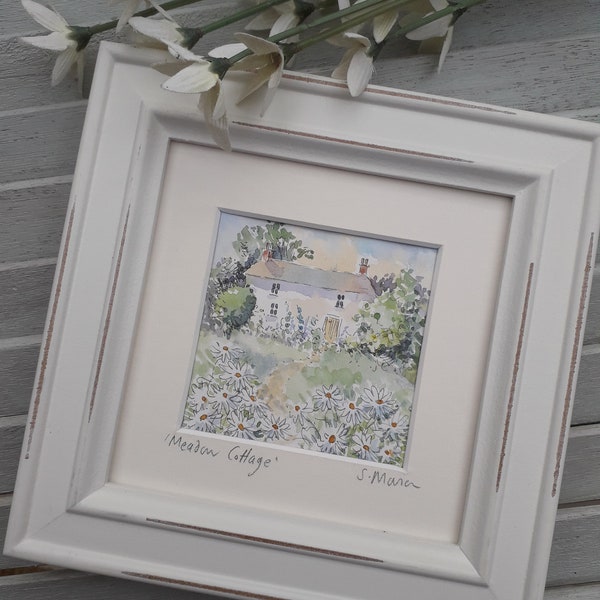 Wiese Cottage, Aquarell Malerei, Blumen, Landhaus, Geschenk, Weihnachtsgeschenk, Geburtstagsgeschenk, Andenken, Kunst,