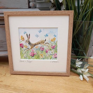 Hare and Tulips, Framed picture 6in square, Beech Style Contemporary Frame, Gift, Keepsake, Art, Unique Art, Christmas Gift,