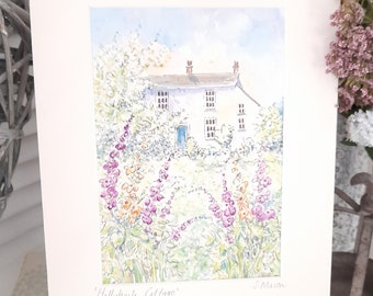 Hollyhock Cottage Watercolour painting A4 mounted Gift, Birthday present Keepsake, Art,