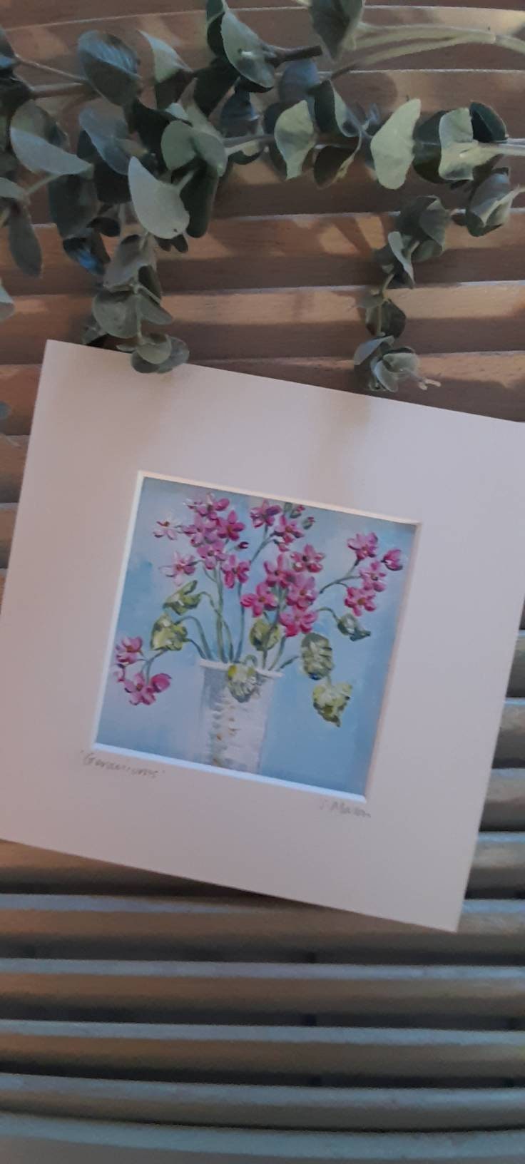 ゼラニウム、オリジナル油絵、額装済み、サイン入りオリジナルアート