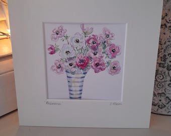 アネモネの花のオリジナル水彩画、額装済み、サイン入りオリジナル