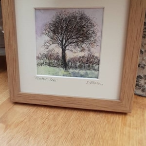 Árbol, acuarela de árbol de invierno, acuarela enmarcada, paisaje, pintura de árboles