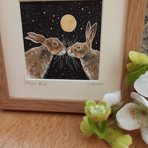Moon Hares, Watercolour painting 6in Square, The Kiss, Moon,  Hares, Wildlife, Framed, Gift, Keepsake, Art,