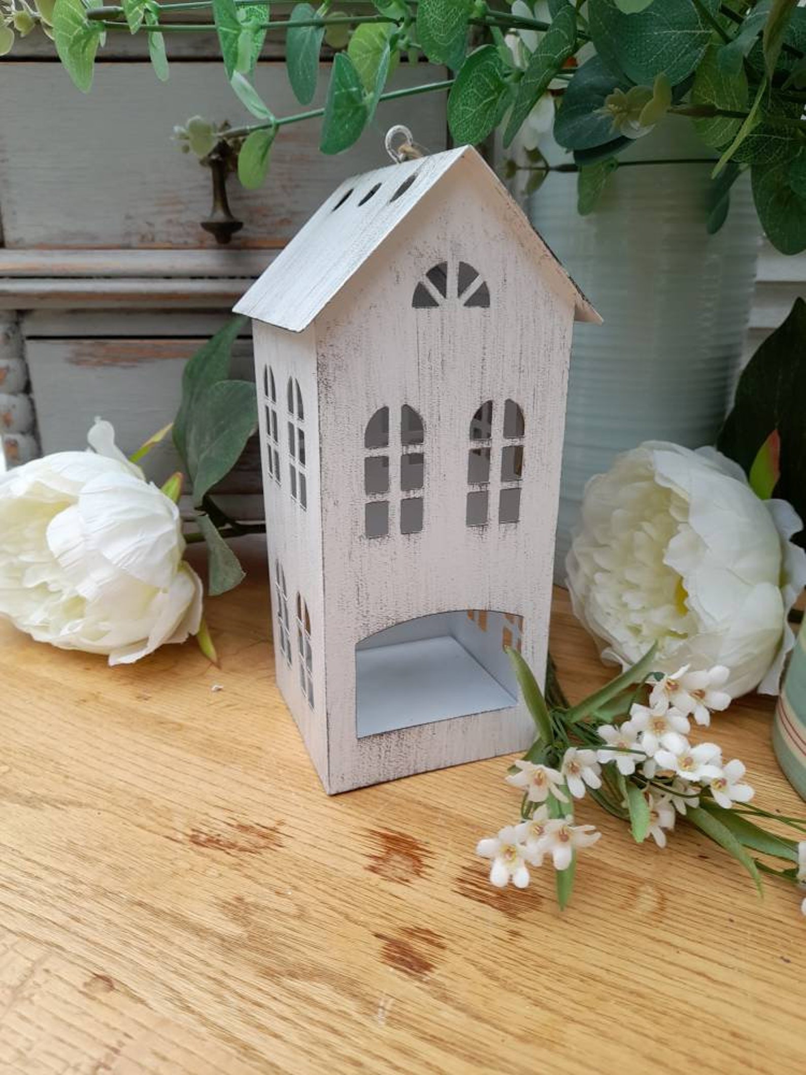 Tea Light House Christmas Decoration 16cm Tall White Etsy