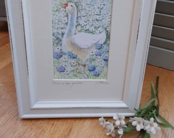 Goose amongst Cornflowers, an original Watercolour painting, Framed, Gift, Keepsake, Art,