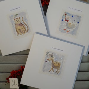 Weihnachtskarten, Weihnachtskarten, Rentier, Katze und Gans, 3 handgemachte Karten