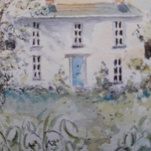 Snowdrop Cottage, unframed picture 6in square, Gift, Keepsake, Art, Unique Art,