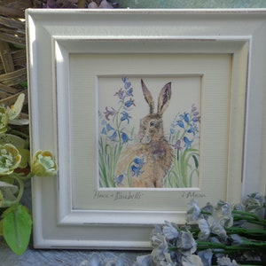 HARE Watercolour painting 5in Square, Bluebells, Hares, Wildlife, Framed, Gift, Keepsake, Art,
