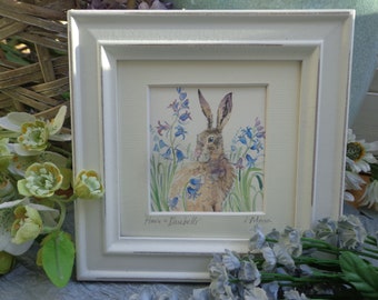 HARE Watercolour painting 5in Square, Bluebells, Hares, Wildlife, Framed, Gift, Keepsake, Art,