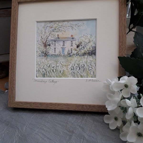 Snowdrop Cottage, floral, Framed picture 6in square, Gift, Keepsake, Art, Unique Art,