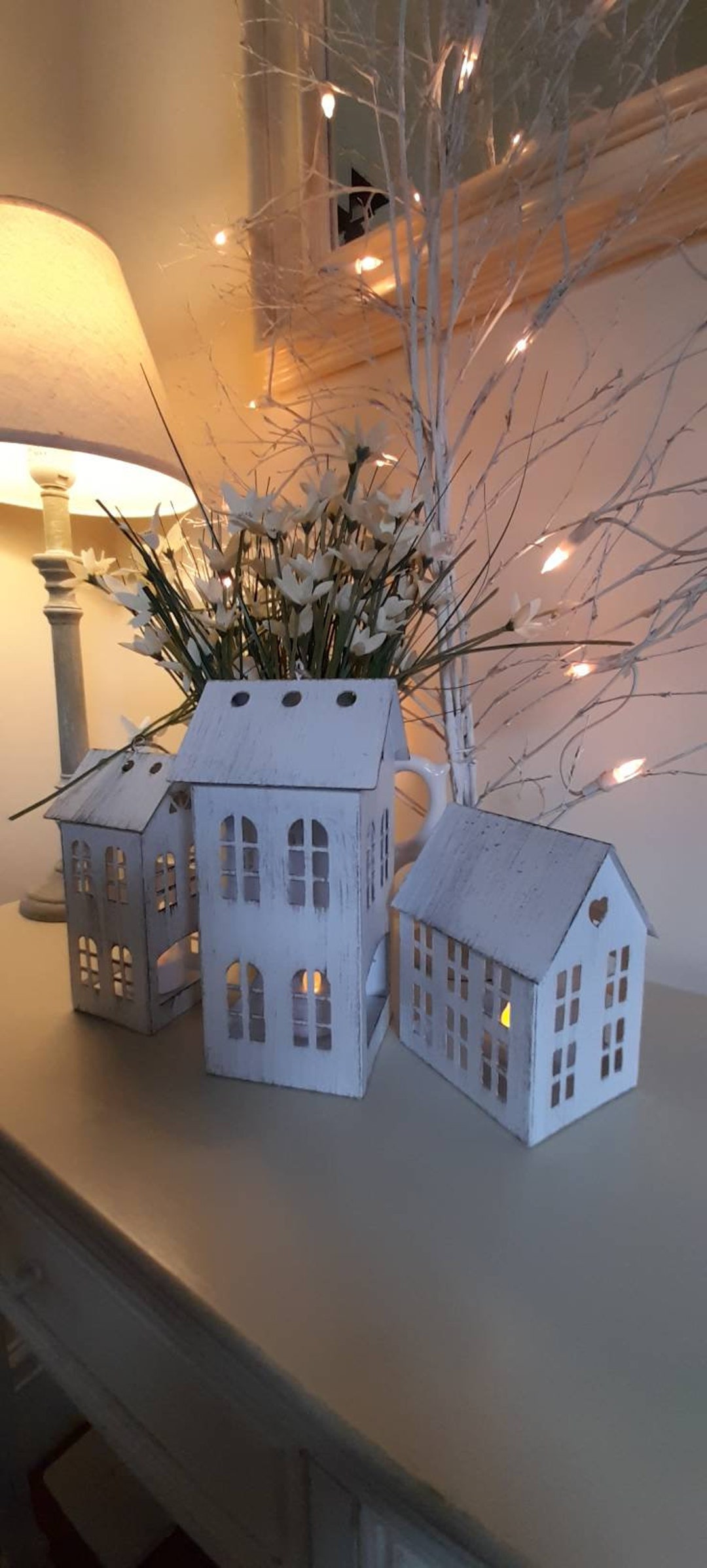 Tea Light Houses Christmas Set of 3 White Painted Metal Etsy UK