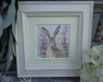 HARE AND HOLLYHOCKS, Hares, Watercolour painting 5in Square Framed, Gift, Keepsake, Art,