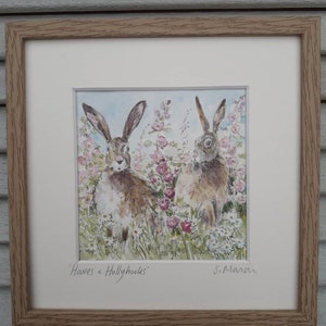 Hares and Hollyhocks, Birthday present, Framed picture 6in square, Gift, Keepsake, Art, Unique Art,
