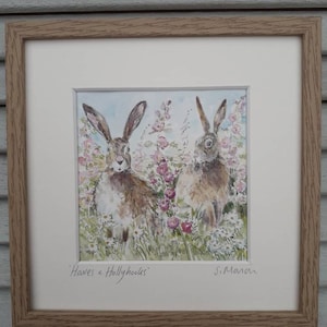 Hasen und Stockrosen, gerahmtes Bild 15 cm, Geschenk, Andenken, Geburtstagsgeschenk, Kunst, Unikat, gerahmt