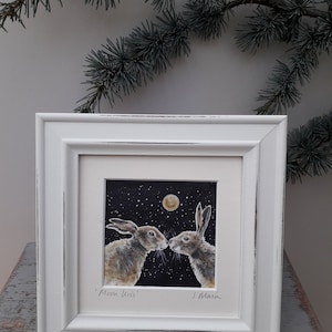 Moon Hares, Watercolour painting 5in Square, The Kiss, Moon,  Hares, Wildlife, Framed, Gift, Keepsake, Art,