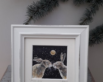Moon Hares, Watercolour painting 5in Square, The Kiss, Moon,  Hares, Wildlife, Framed, Gift, Keepsake, Art,