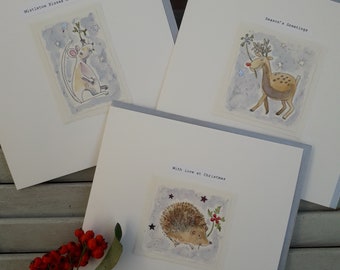 Christmas Handmade Cards, Christmas cards, Hedgehog, Mouse and Reindeer, 3 handmade cards