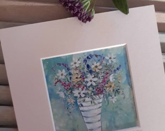 Flores de verano, Pintura al óleo original, Montado listo para enmarcar, obra de arte original firmada, montaje cuadrado de 20 cm, regalo, presente