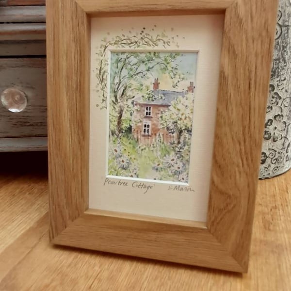 Peartree Cottage Watercolour painting 6in  x 4in Framed, Gift, Birthday present Keepsake, Art,