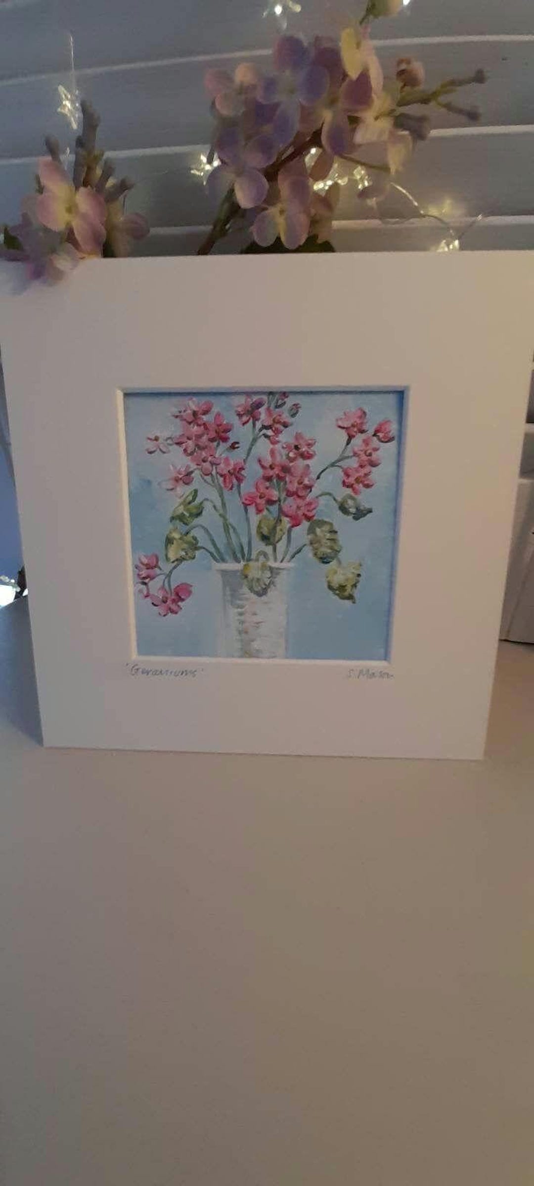 ゼラニウム、オリジナル油絵、額装済み、サイン入りオリジナルアート