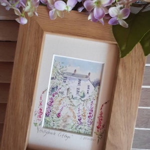 Hollyhock Cottage Watercolour painting 6in  x 4in Framed, Gift, Birthday present Keepsake, Art,