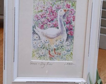 Goose and Roses, an original Watercolour painting, Framed, Gift, Keepsake, Art,